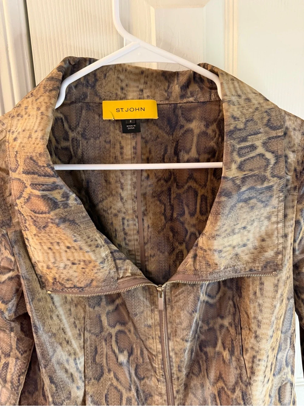 St. John Brown Snake-Print Leather Zip Jacket - Picture 8 of 10
